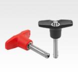 Ball lock pins with plastic T-grip and high shear strength