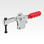 Toggle clamps horizontal with straight foot and adjustable clamping spindle